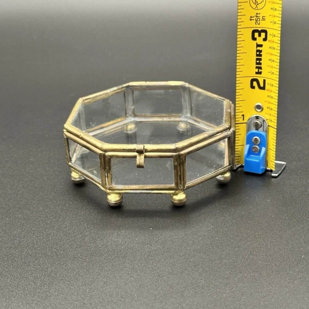 Vintage Brass & Glass Octagon Trinket Box Casket Jewelry Box Hinged Lid 3.5